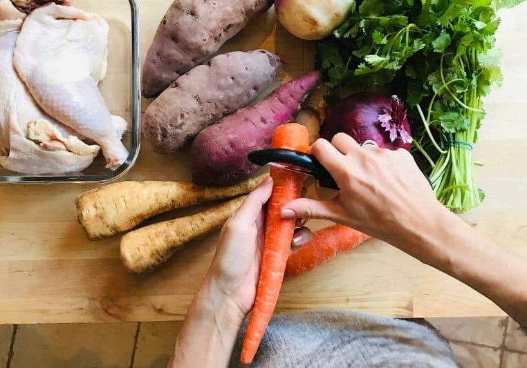 healthy postpartum meal prep with root vegetables and chicken
